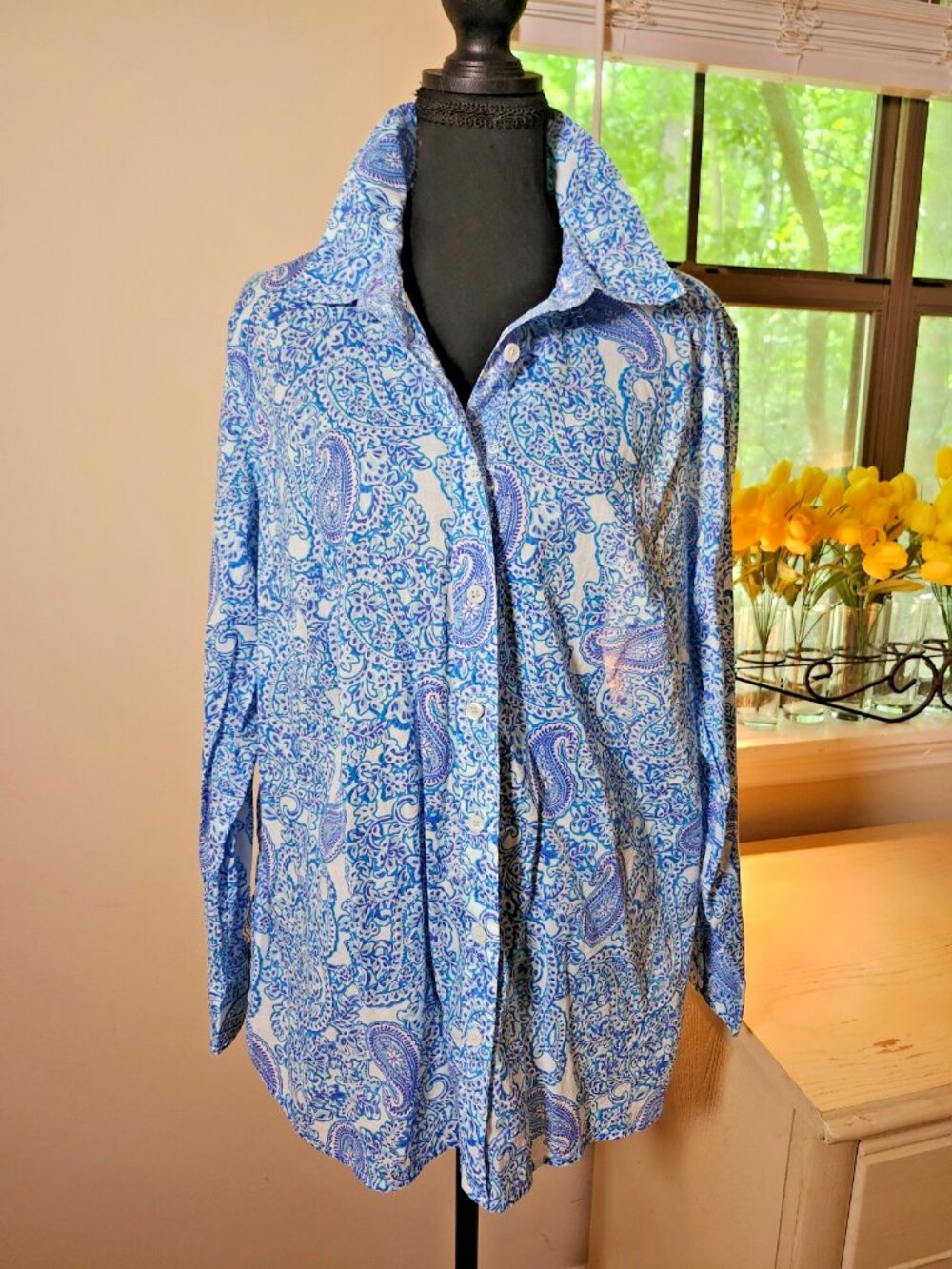 Talbots 1X Majestic Paisley Cotton Shirt Blue White Coastal Vacation Resort Wear